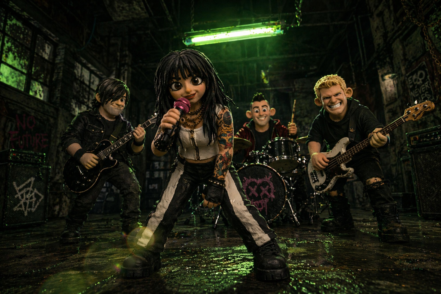 Claymation punk band in a dark warehouse under green flickering lights