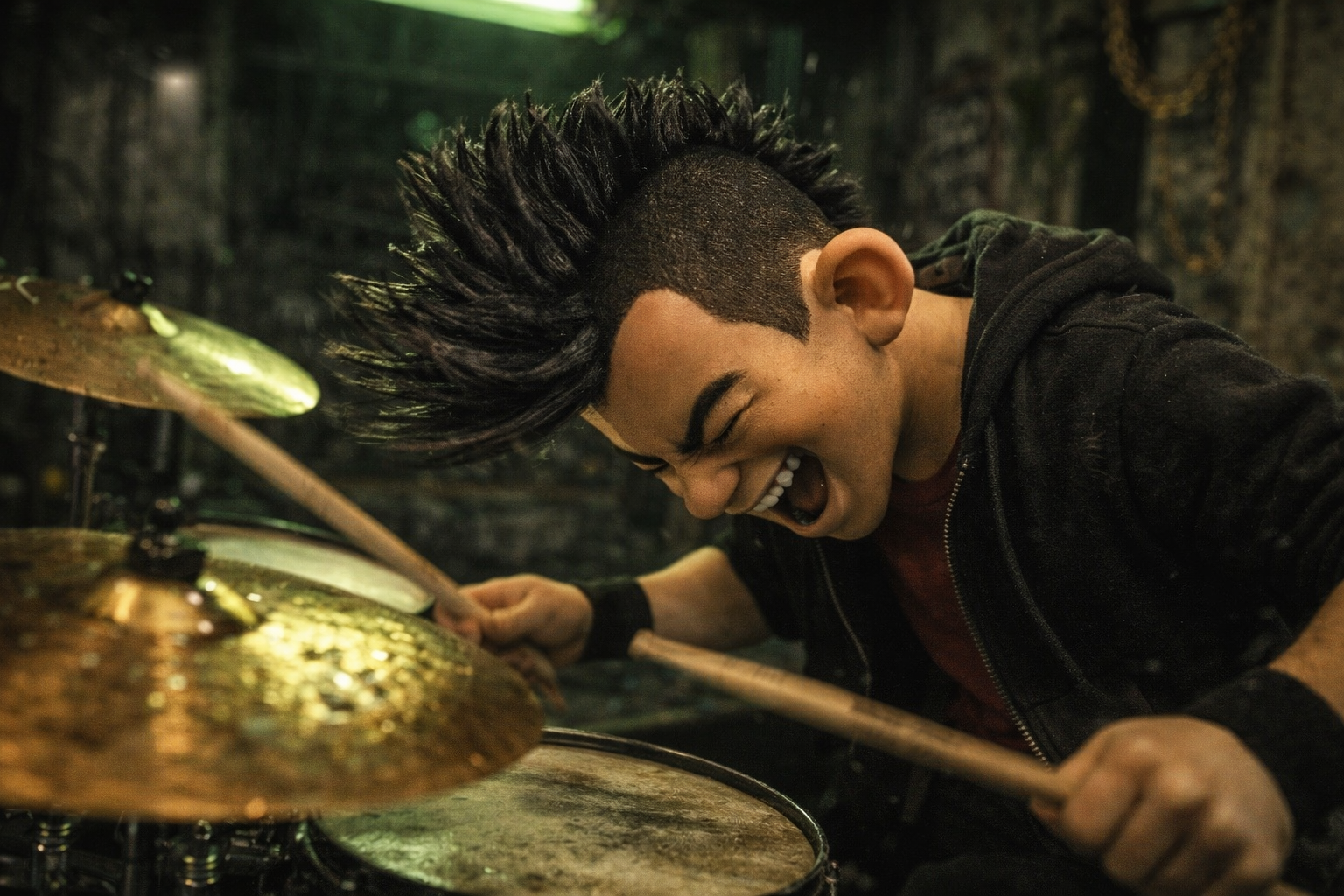 Close-up of the claymation drummer mid-strike, mohawk flying, intense expression, green-lit industrial set