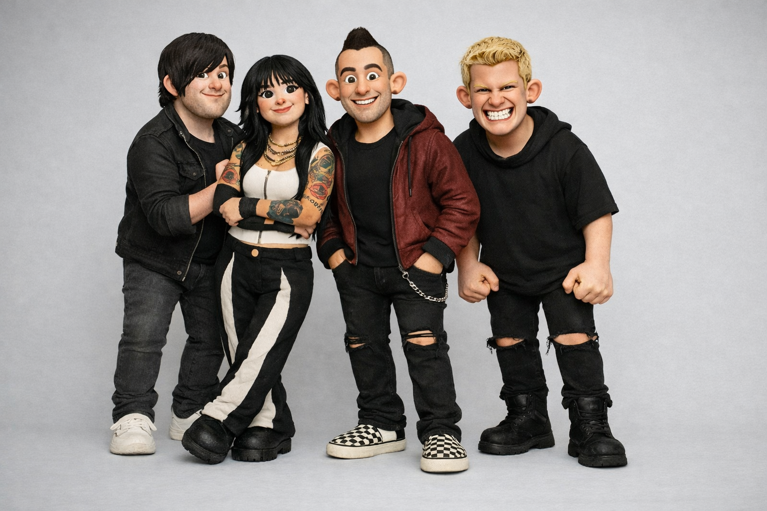 Claymation-style four-piece band standing together on a plain grey background, clean studio portrait feel