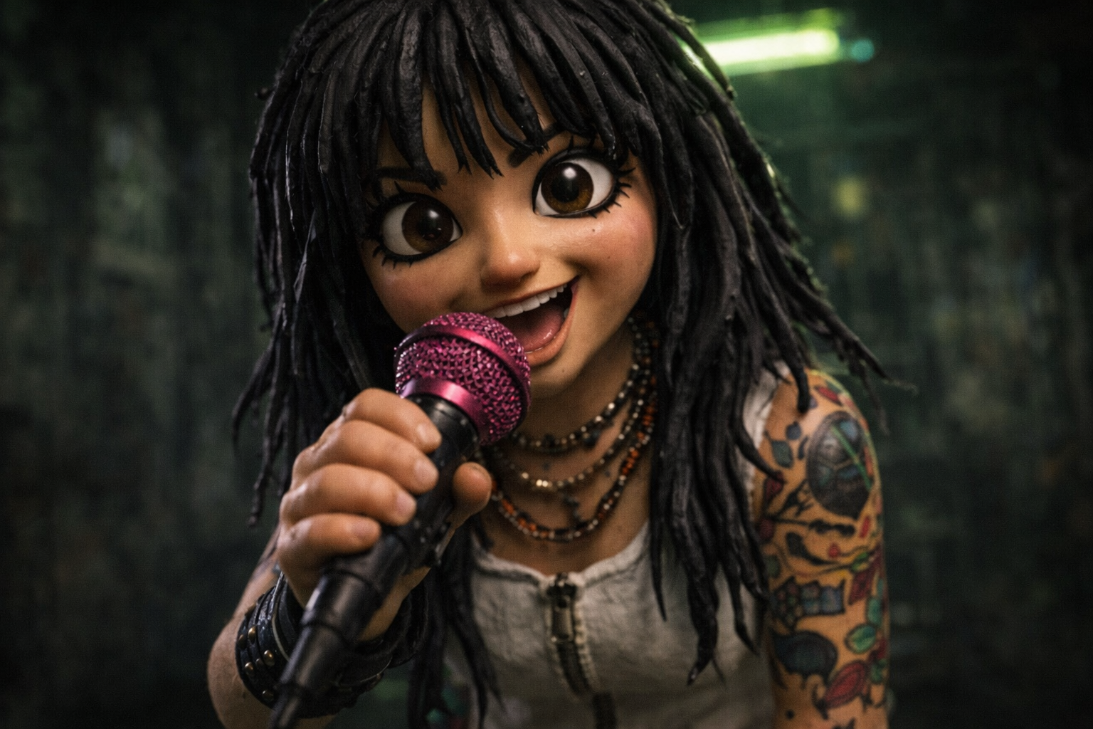 Tight close-up of the claymation female singer holding a hot pink microphone, big eyes, textured clay skin, gritty warehouse background