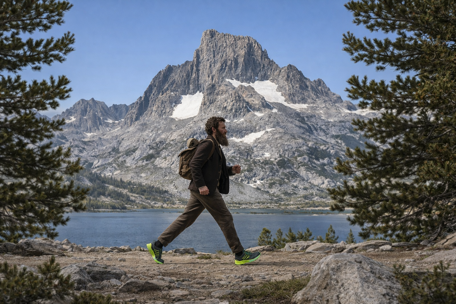 Hiker walking in front of Banner Peak with neon green trail shoes