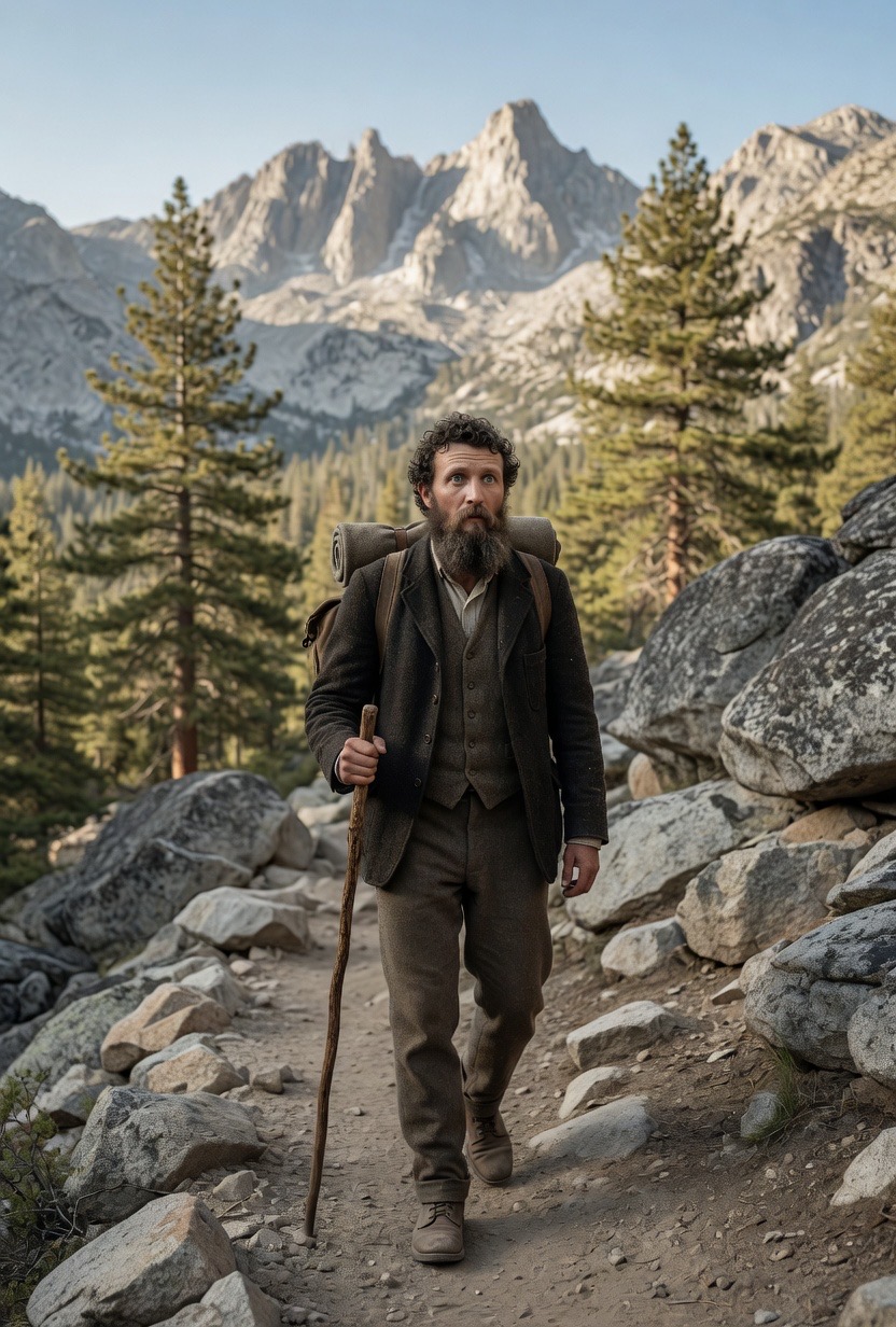 AI-generated hiker in a mountain forest with peaks behind him