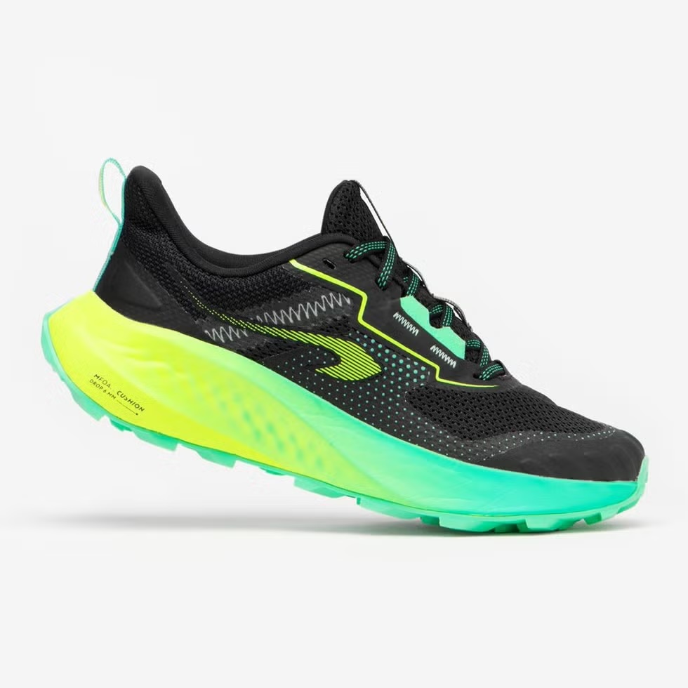 Black and neon green trail running shoe product shot