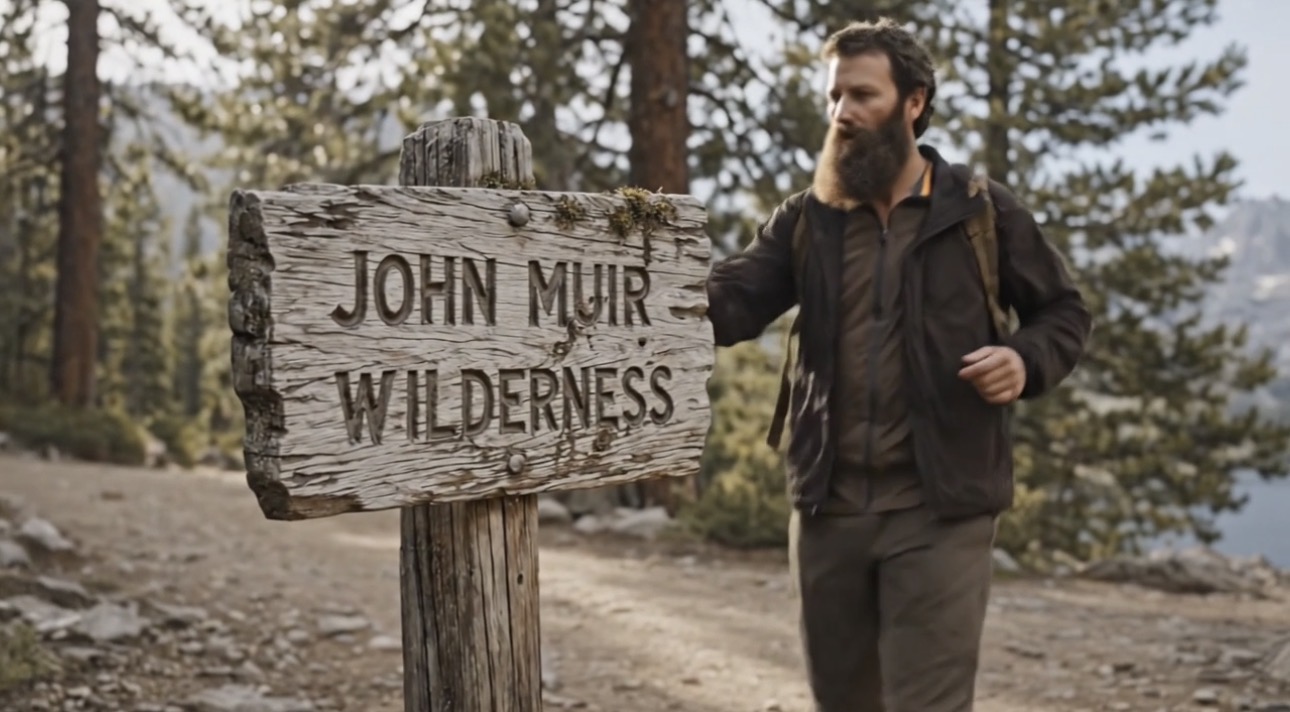 Video still: bearded hiker pausing at a John Muir Wilderness trail sign in a pine forest
